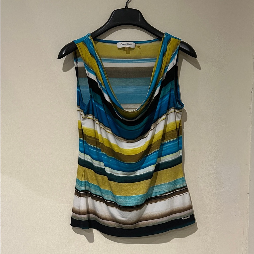 Calvin Klein Blue and Yellow Striped Tank Top